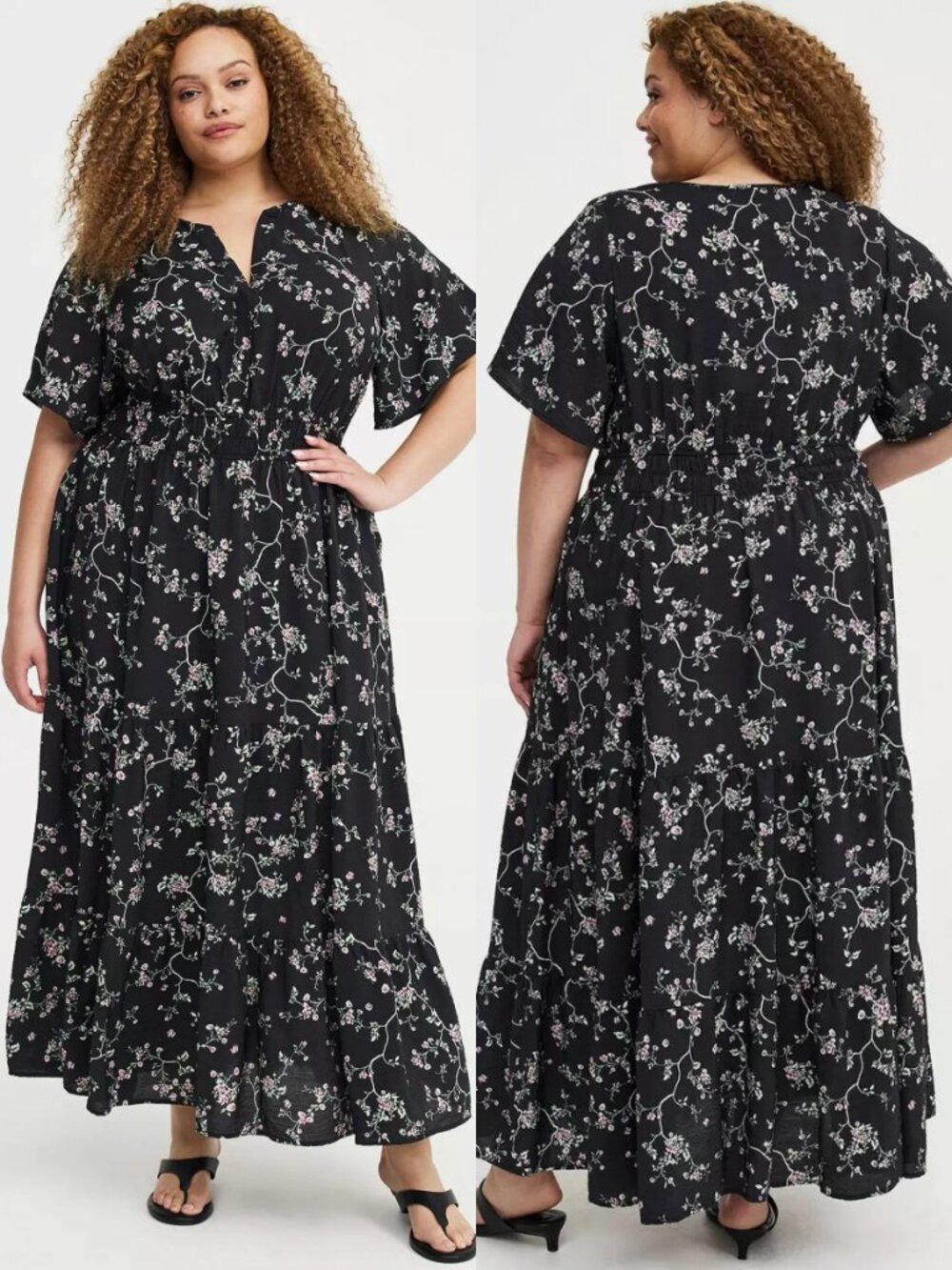 NWT Torrid 1 Black Floral Y-Neck Tiered Maxi Dress 1X 14 16
